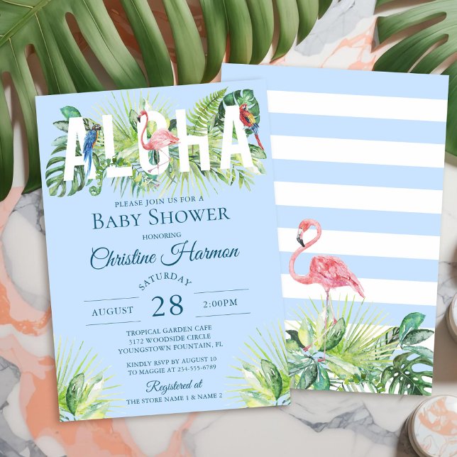 Invitación Blue Aloha Flamingo Tropical Birds Boy Baby Shower (Subido por el creador)