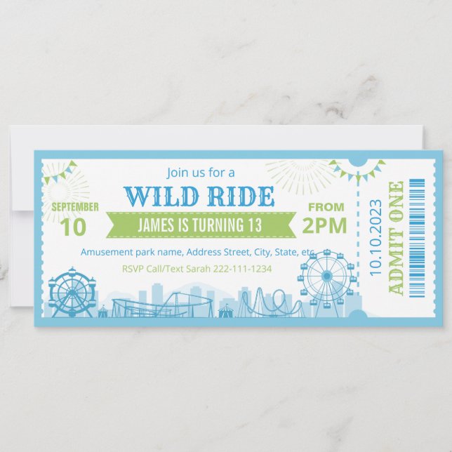 Invitación Blue Amusement Park Birthday Invitation Ticket  (Anverso)