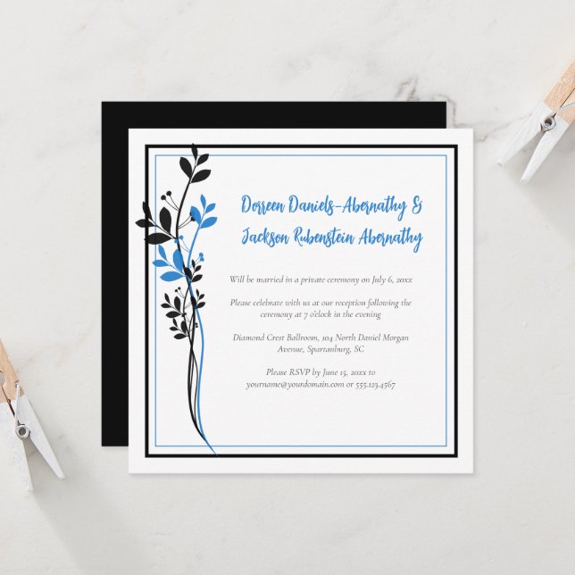 Invitación Blue and Black Modern Botanical Reception Only | (Anverso/Reverso In Situ)