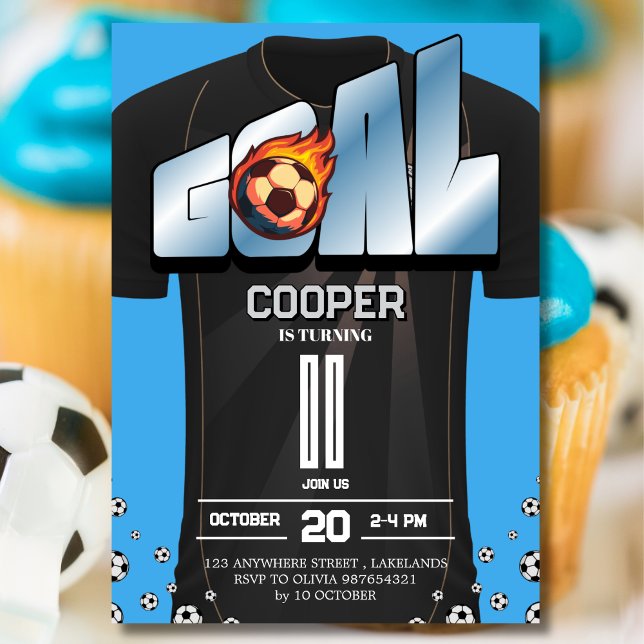 Invitación Blue and Black Soccer Shirt Birthday Party  (Subido por el creador)