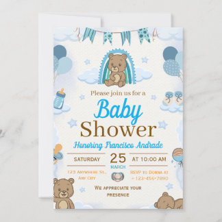 Invitación blue and brown watercolor illustration baby shower