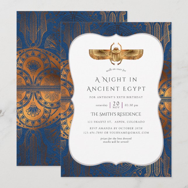 Invitación Blue and Copper Gold Foil Egyptian Themed Party (Anverso / Reverso)