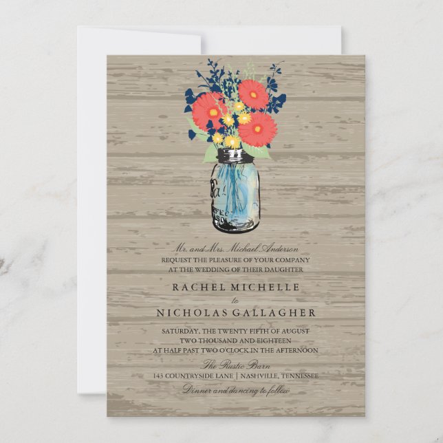 Invitación Blue and Coral Garden Mason Jar Wood | Boda (Anverso)