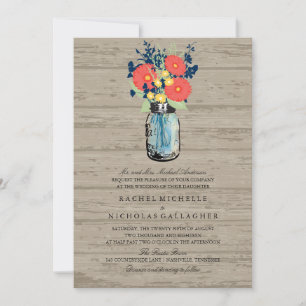 Invitación Blue and Coral Garden Mason Jar Wood Boda
