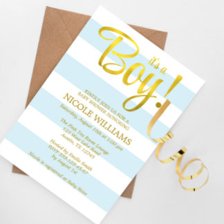 Invitación Blue and Faux Gold Stripes Boy Baby Shower