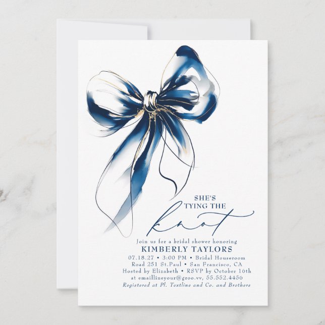 Invitación Blue and Gold Bow Elegant Whimsical Bridal Shower (Anverso)