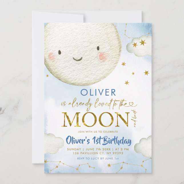Invitación Blue and Gold Boy Cute Moon Cumpleaños (Anverso)
