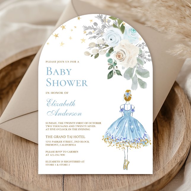 Invitación Blue and Gold Floral Ballerina Arch Baby Shower (Subido por el creador)