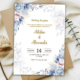 Invitación Blue and gold flower wedding Reception