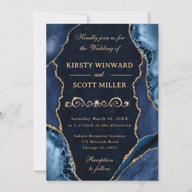 Invitación Blue and Gold Glitter Agate & Marble Wedding (Anverso)
