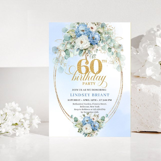Invitación Blue and Gold Greenery 60th Birthday Invitation (Blue and Gold Greenery 60th Birthday Invitation)