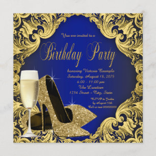 Invitación Blue and Gold High Heels Champagne fiesta de cumpl