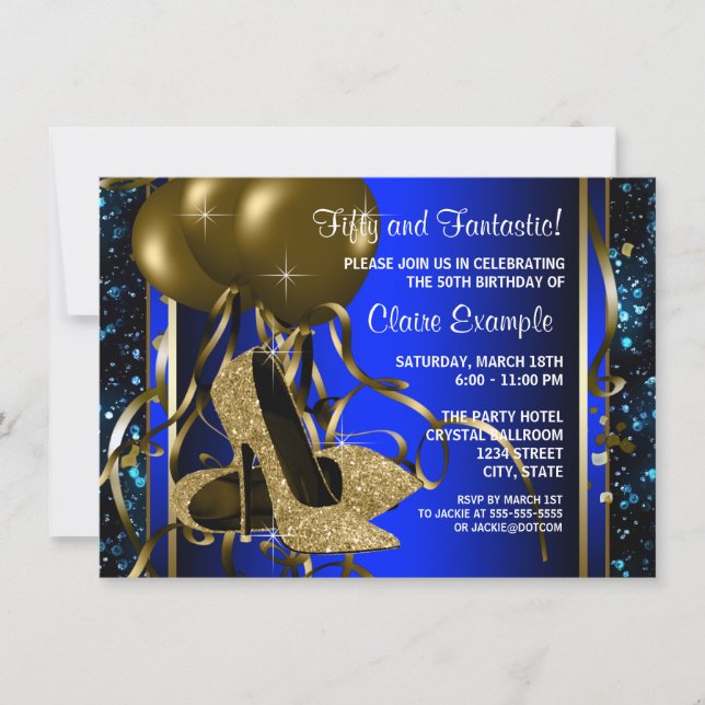 Invitación Blue and Gold High Heels Mujeres Fiesta de Cumplea (Anverso)