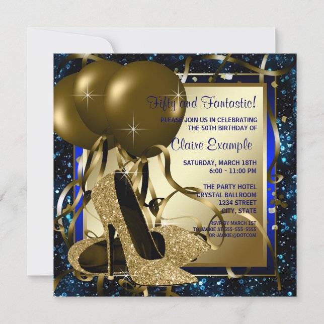 Invitación Blue and Gold High Heels Mujeres Fiesta de Cumplea (Anverso)
