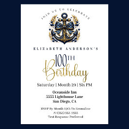 Invitación Blue and Gold Nautical Bow Anchor 100th Birthday