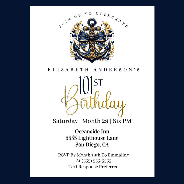 Invitación Blue and Gold Nautical Bow Anchor 101st Birthday (Blue and gold nautical 101st birthday invitation)