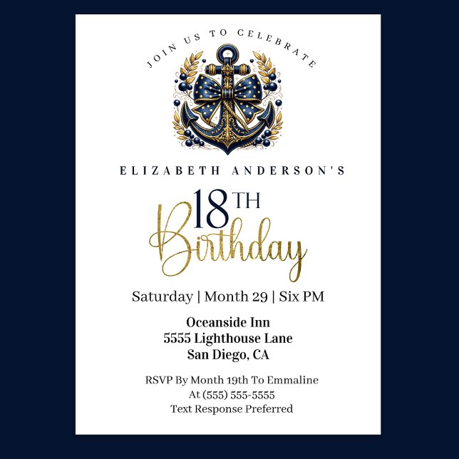 Invitación Blue and Gold Nautical Bow Anchor 18th Birthday (Navy blue and gold nautical anchor 18th birthday invitation)