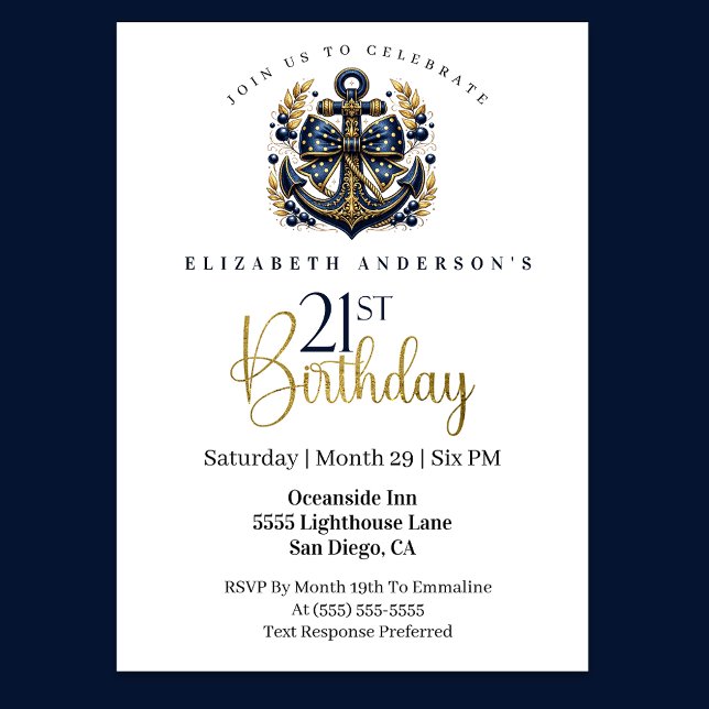 Invitación Blue and Gold Nautical Bow Anchor 21st Birthday (Navy blue and gold nautical 21st birthday invitation)