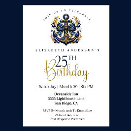 Invitación Blue and Gold Nautical Bow Anchor 25th Birthday