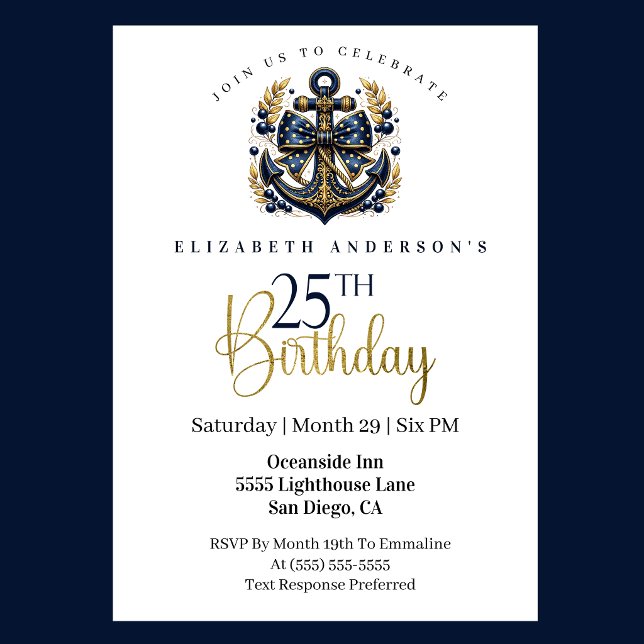 Invitación Blue and Gold Nautical Bow Anchor 25th Birthday (Blue and gold nautical anchor 25th birthday invitation)