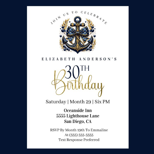 Invitación Blue and Gold Nautical Bow Anchor 30th Birthday (Blue and gold nautical anchor 30th birthday invitation)