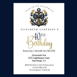 Invitación Blue and Gold Nautical Bow Anchor 40th Birthday