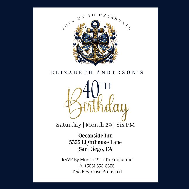 Invitación Blue and Gold Nautical Bow Anchor 40th Birthday (Blue and gold nautical anchor 40th birthday invitation)
