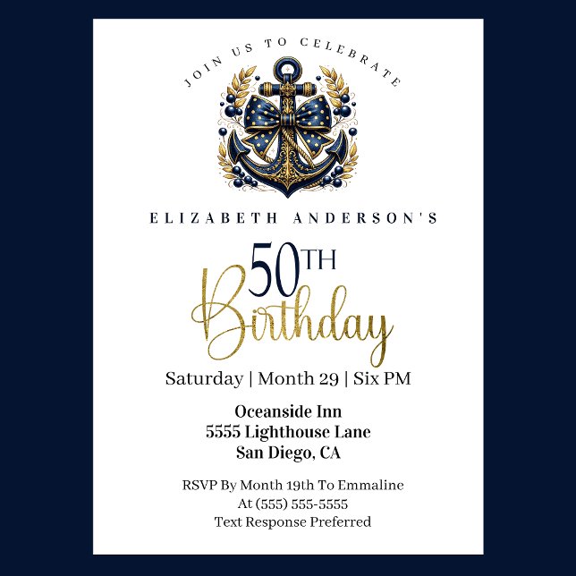 Invitación Blue and Gold Nautical Bow Anchor 50th Birthday (Blue and gold nautical 50th birthday invitation)