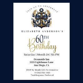 Invitación Blue and Gold Nautical Bow Anchor 60th Birthday