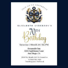 Invitación Blue and Gold Nautical Bow Anchor 70th Birthday