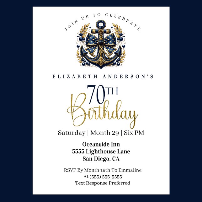 Invitación Blue and Gold Nautical Bow Anchor 70th Birthday (Blue and gold nautical 70th birthday invitation)