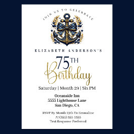 Invitación Blue and Gold Nautical Bow Anchor 75th Birthday