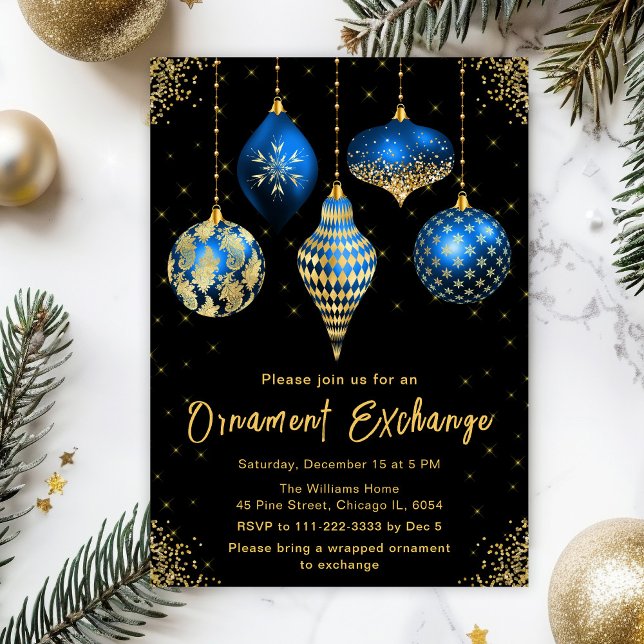 Invitación Blue and Gold Ornament Exchange Party (Subido por el creador)