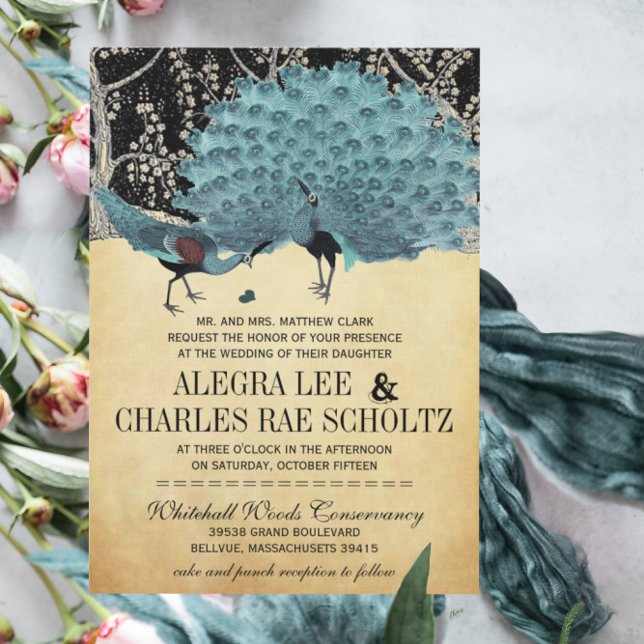 Invitación Blue and Gold Peacock Forest Grove Wedding (Subido por el creador)