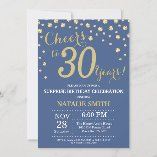 Invitación Blue and Gold Surprise 30th Birthday Diamond (Anverso)