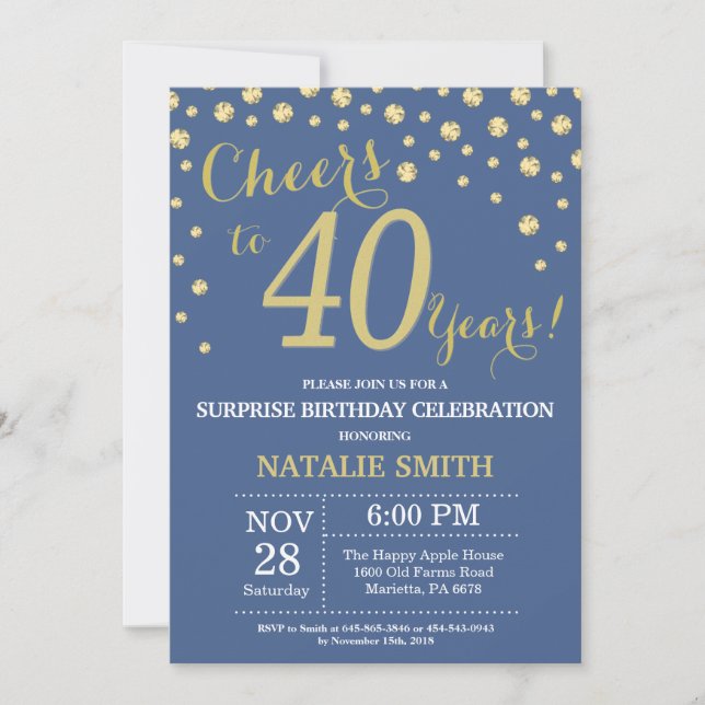 Invitación Blue and Gold Surprise 40th Birthday Diamond (Anverso)