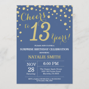 Invitación Blue and Gold Surprise Diamante de 13 Años