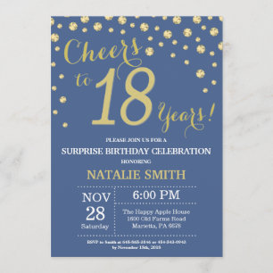 Invitación Blue and Gold Surprise Diamond 18 cumpleaños