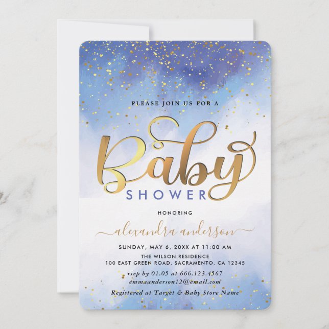 Invitación Blue And Gold Watercolor Boy Baby Shower (Anverso)
