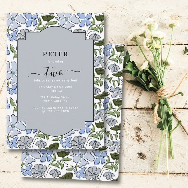 Invitación Blue and Green Floral Block Print Boy Cumpleaños (Blue and Green Floral Block Print Boy Birthday Invitation)