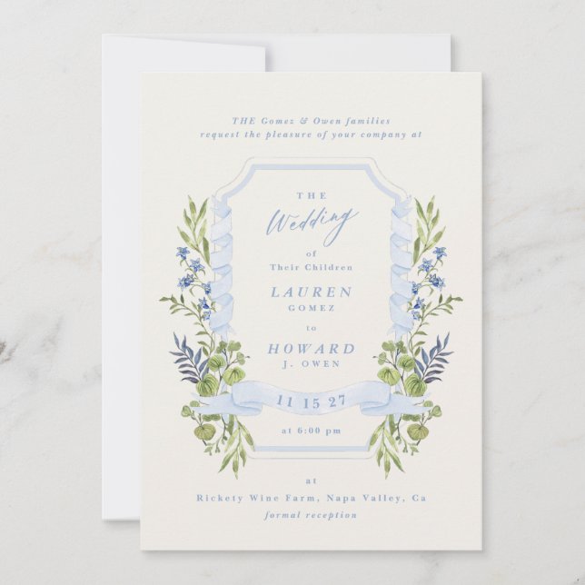 Invitación blue and greenery all in one RSVP DETAILS wedding (Anverso)