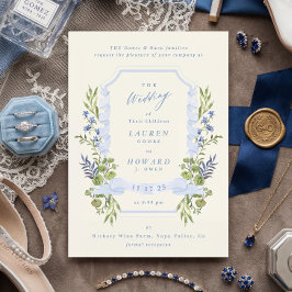 Invitación blue and greenery garden crest wreath wedding