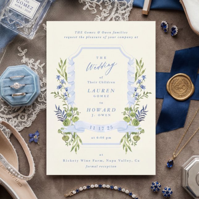 Invitación blue and greenery garden crest wreath wedding (Subido por el creador)