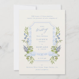 Invitación blue and greenery garden crest wreath wedding