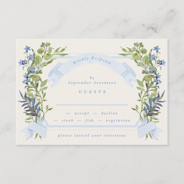 Invitación blue and greenery garden crest wreath wedding rsvp (Anverso)