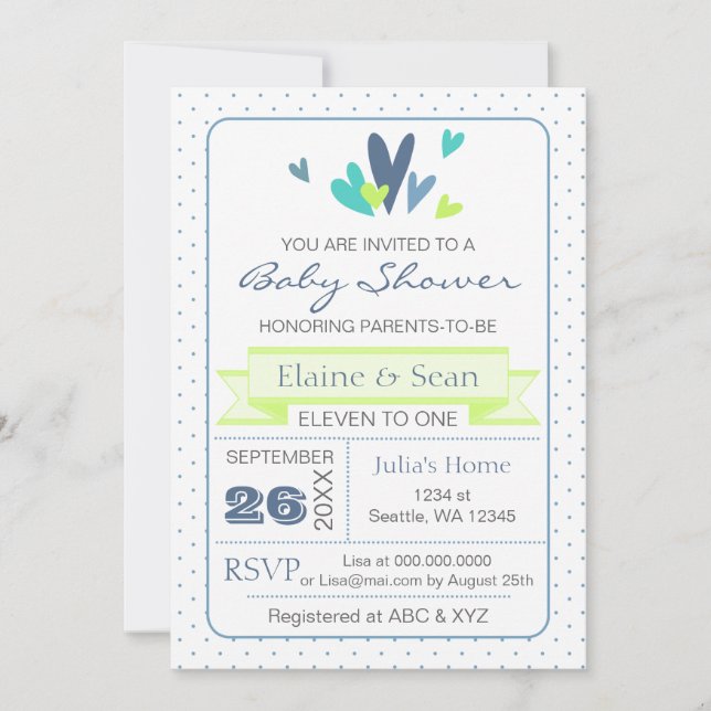 Invitación Blue and Lime Hearts Blue Boys baby ducha invitan (Anverso)