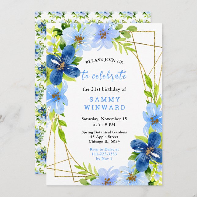 Invitación Blue and Navy Flowers with Foliage Birthday (Anverso / Reverso)