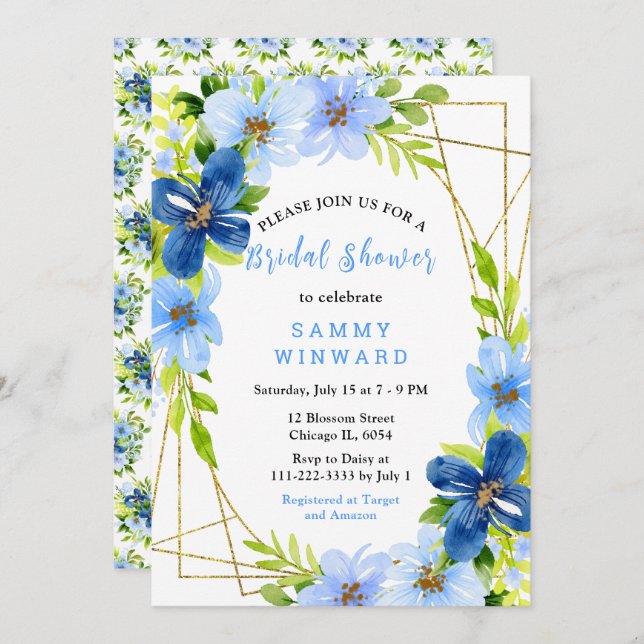 Invitación Blue and Navy Flowers with Foliage Bridal Shower (Anverso / Reverso)