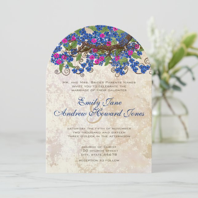 Invitación Blue and Pink Cherry Blossom Tea Stain Invitations (Anverso de pie)