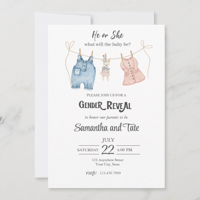 Invitación Blue and Pink Gender Reveal Invitation (Anverso)